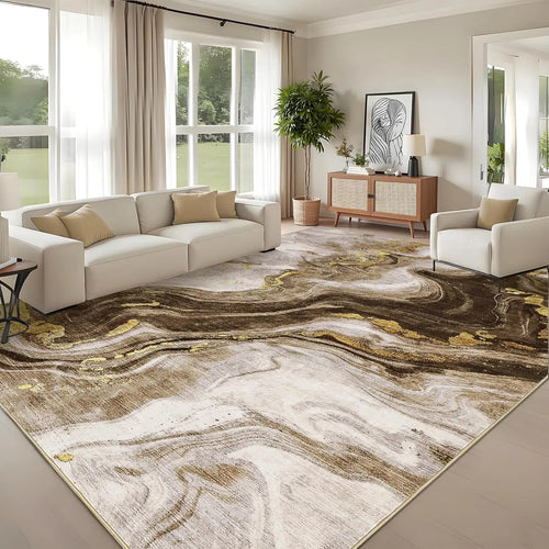 Abstract Marble Swirl Area Rug in Brown and Cream