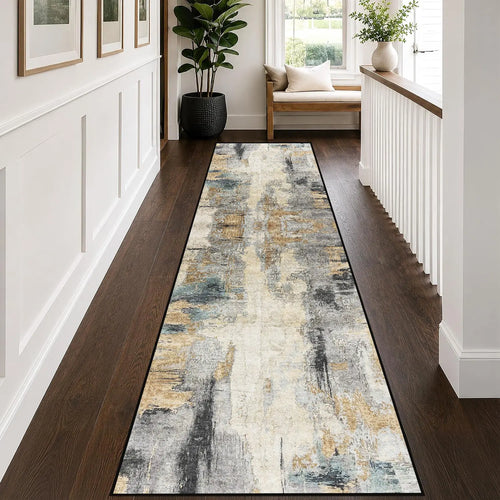 Abstract Print Long Runner Rug, Grey and Gold